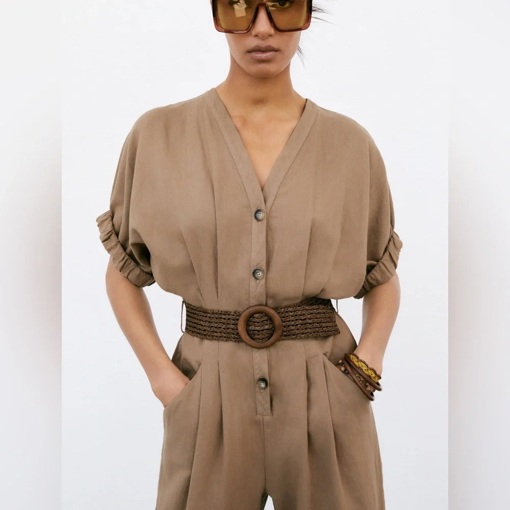 Zara Linen Brown Jumpsuit Romper with waist belt tie